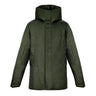 Front view of a forrest Bedi' "second life" program. green coat against a white background