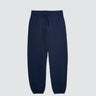a pair of navy sweatpants against a light grey background