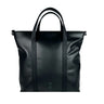 Front view of our work/office tote in black upcycled leather against a white background