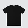 back view of a black cotton t-shirt against a white bkground.
