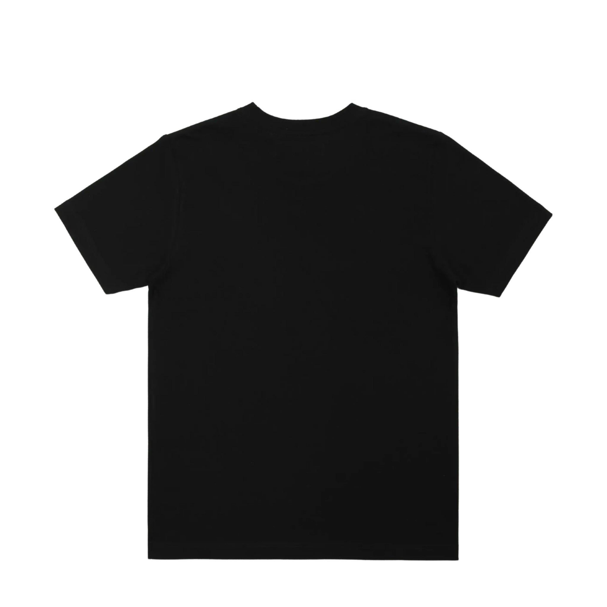 back view of a black cotton t-shirt against a white bkground.