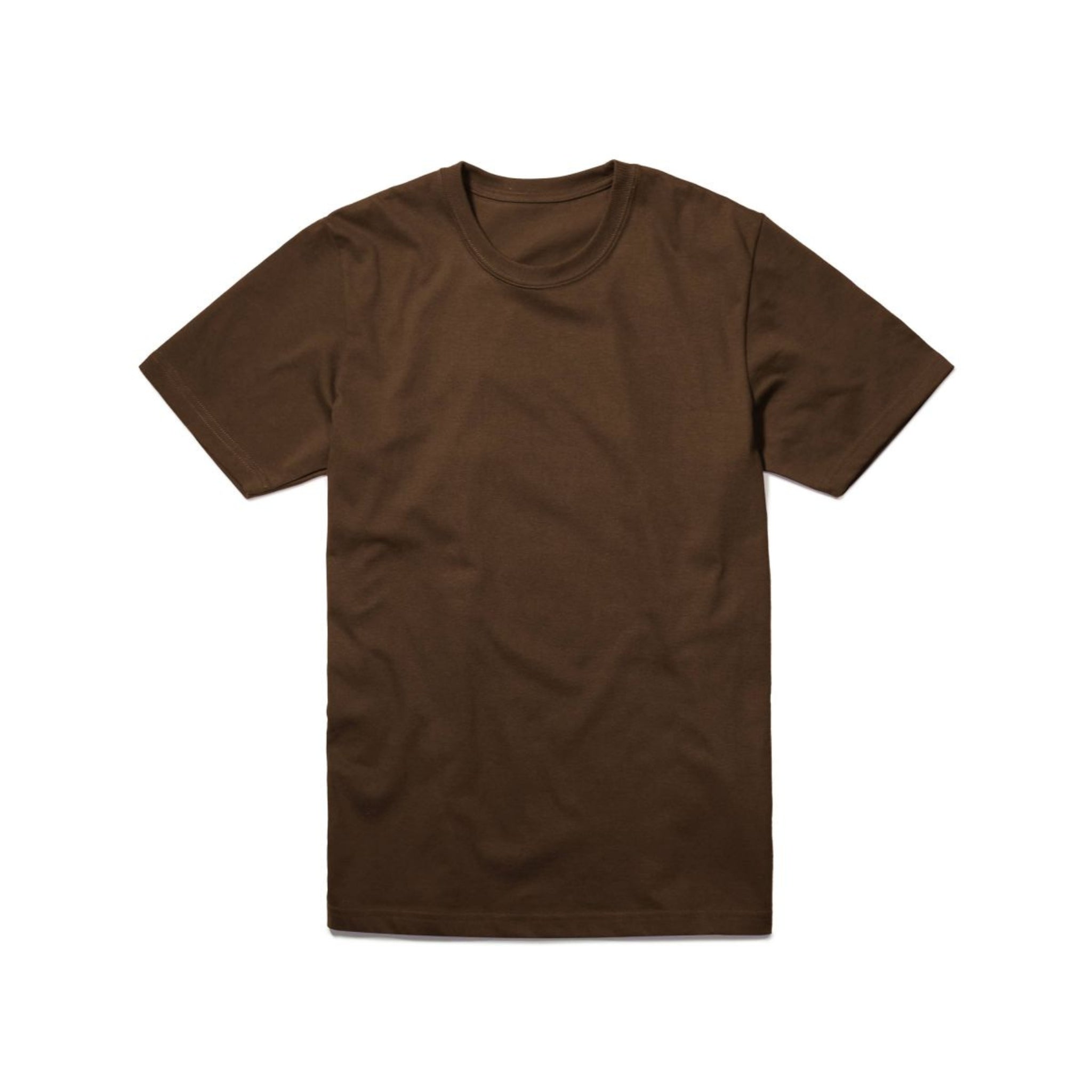 Front view of a brown cotton t-shirt against a white bkground.