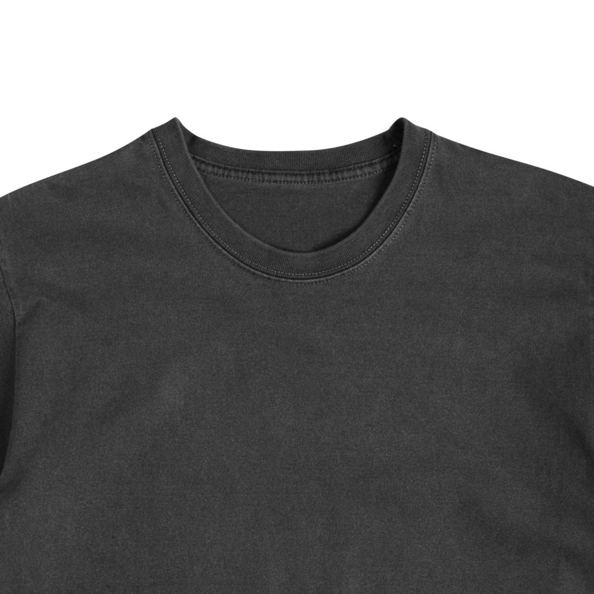 Front detailed view of a charcoal cotton t-shirt against a white bkground.