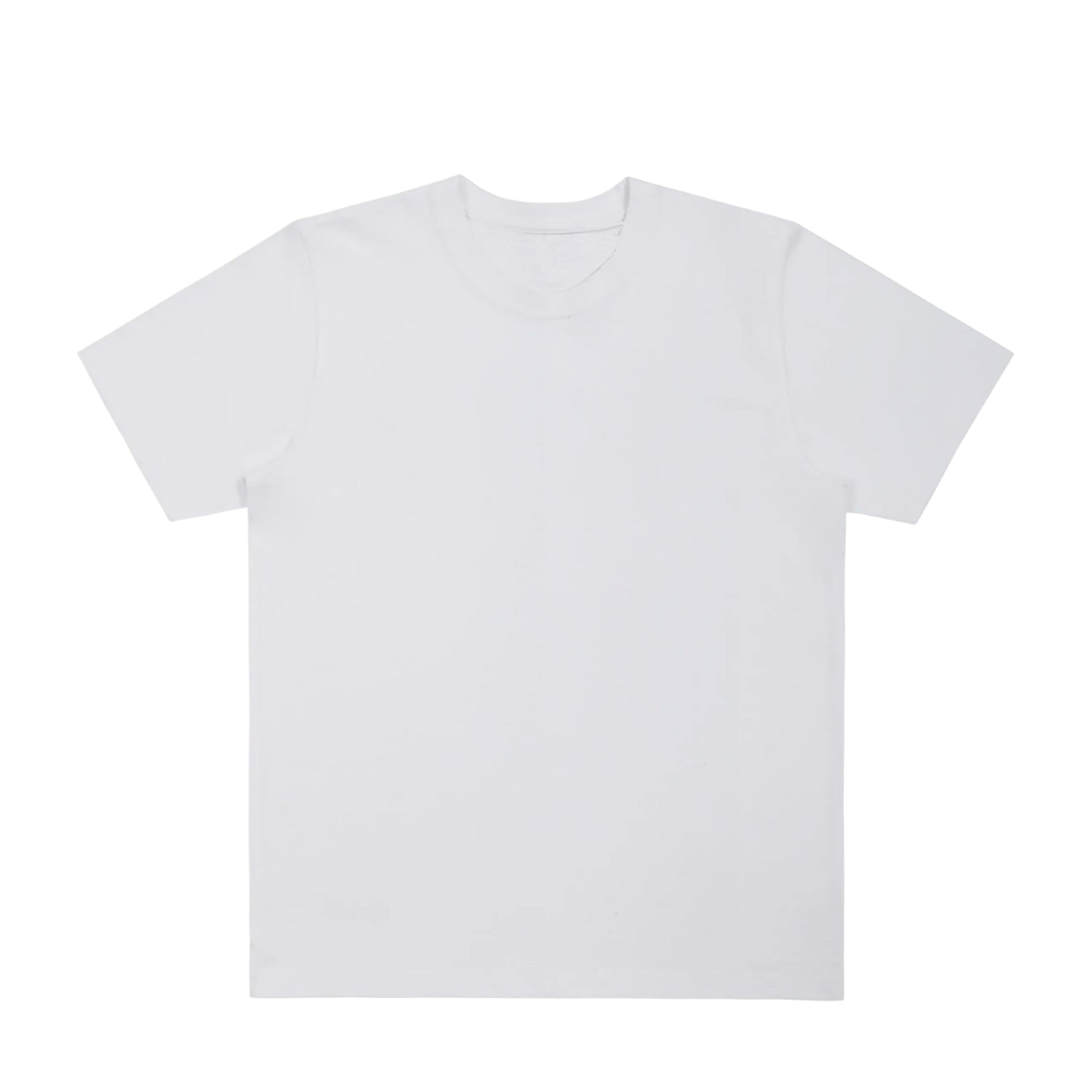 Front view of a white cotton t-shirt against a white bkground.
