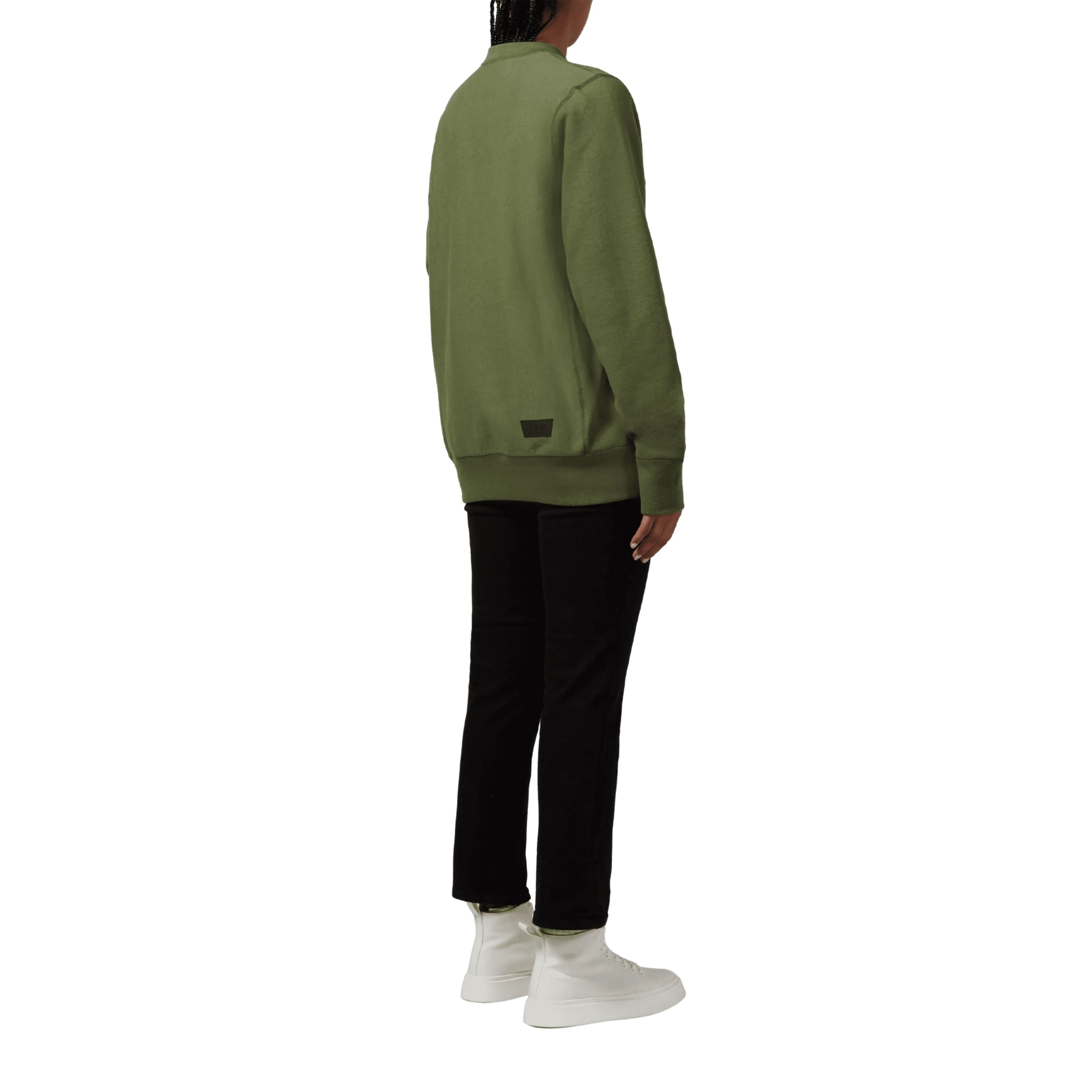 female back view of a Bedi' "second life" program green crewneck against a white background