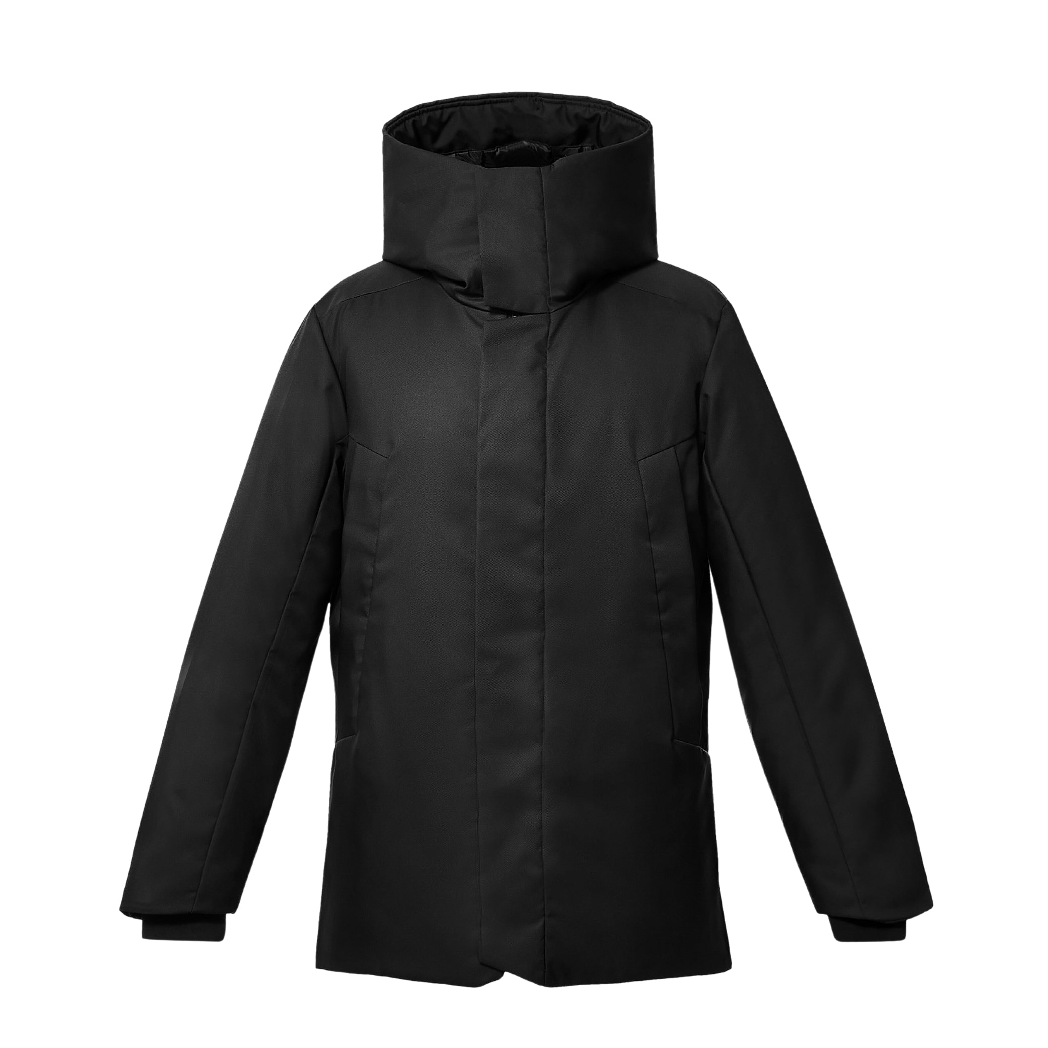 Front view of a forrest Bedi' "second life" program Black coat against a white background