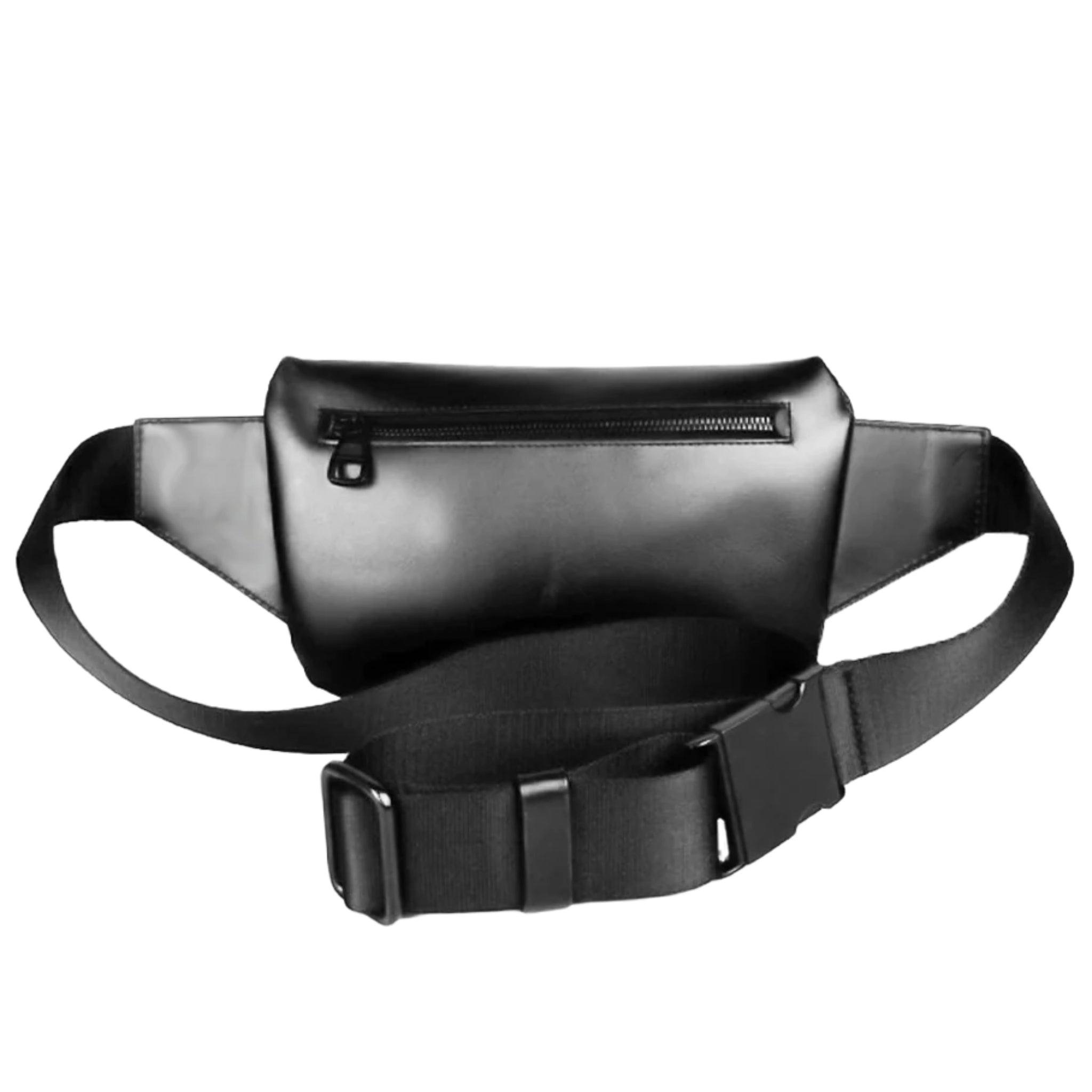 back view of a uilitarian style traditional fanny pack made with Upcycled leather on a whie background.