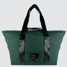 front view of a duffle bag in green twill material, against a white background.