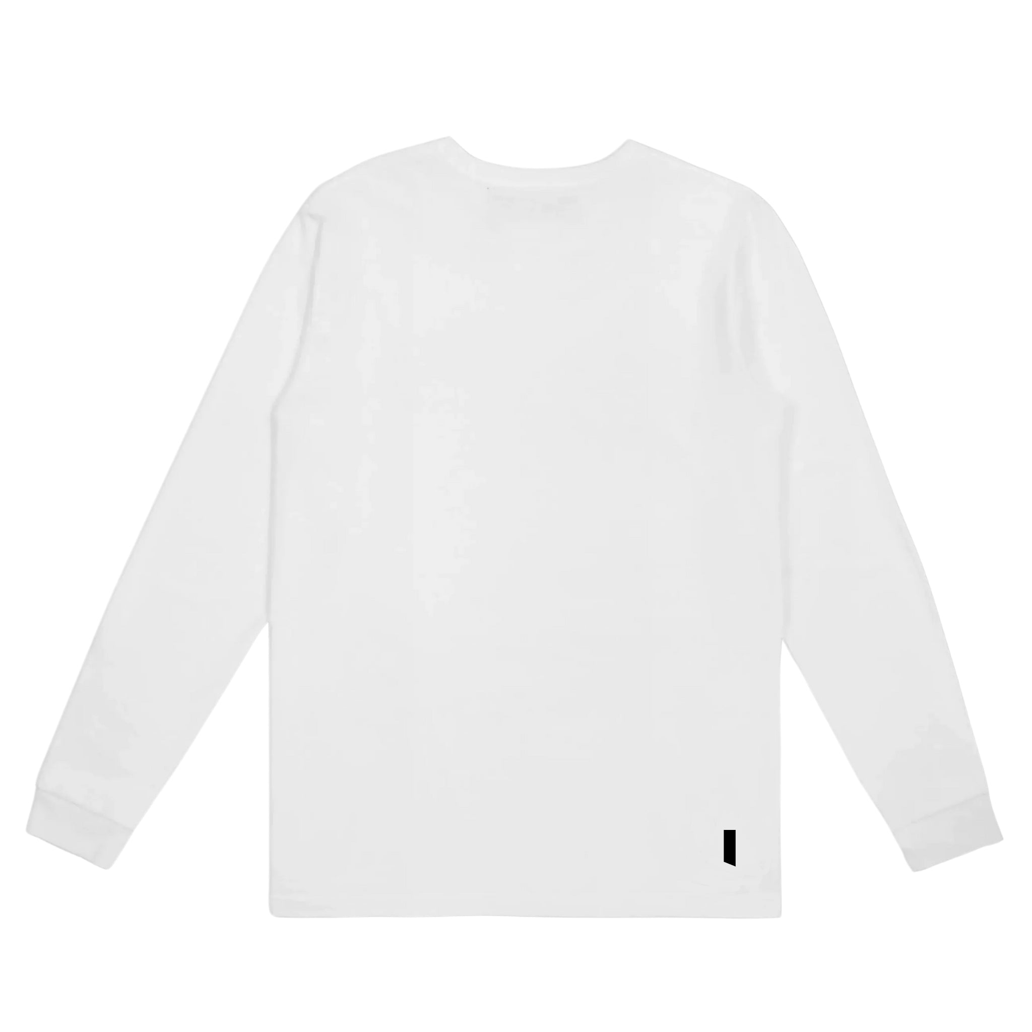 Back view of white long sleeve tee, front center on a white background.