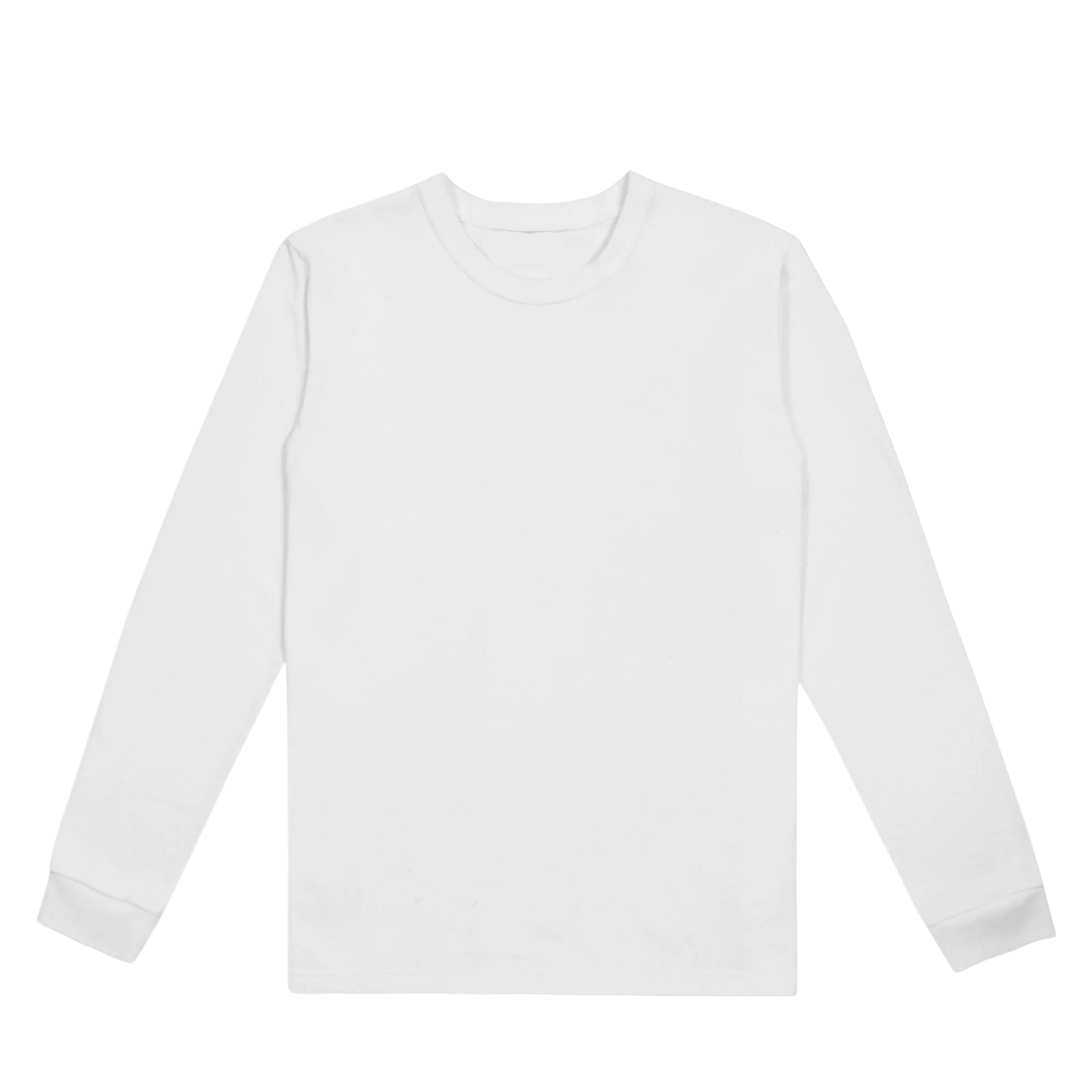 front view of white long sleeve tee, front center on a white background.