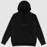 Thick black hoodie made with 100% cotton, on a white background.