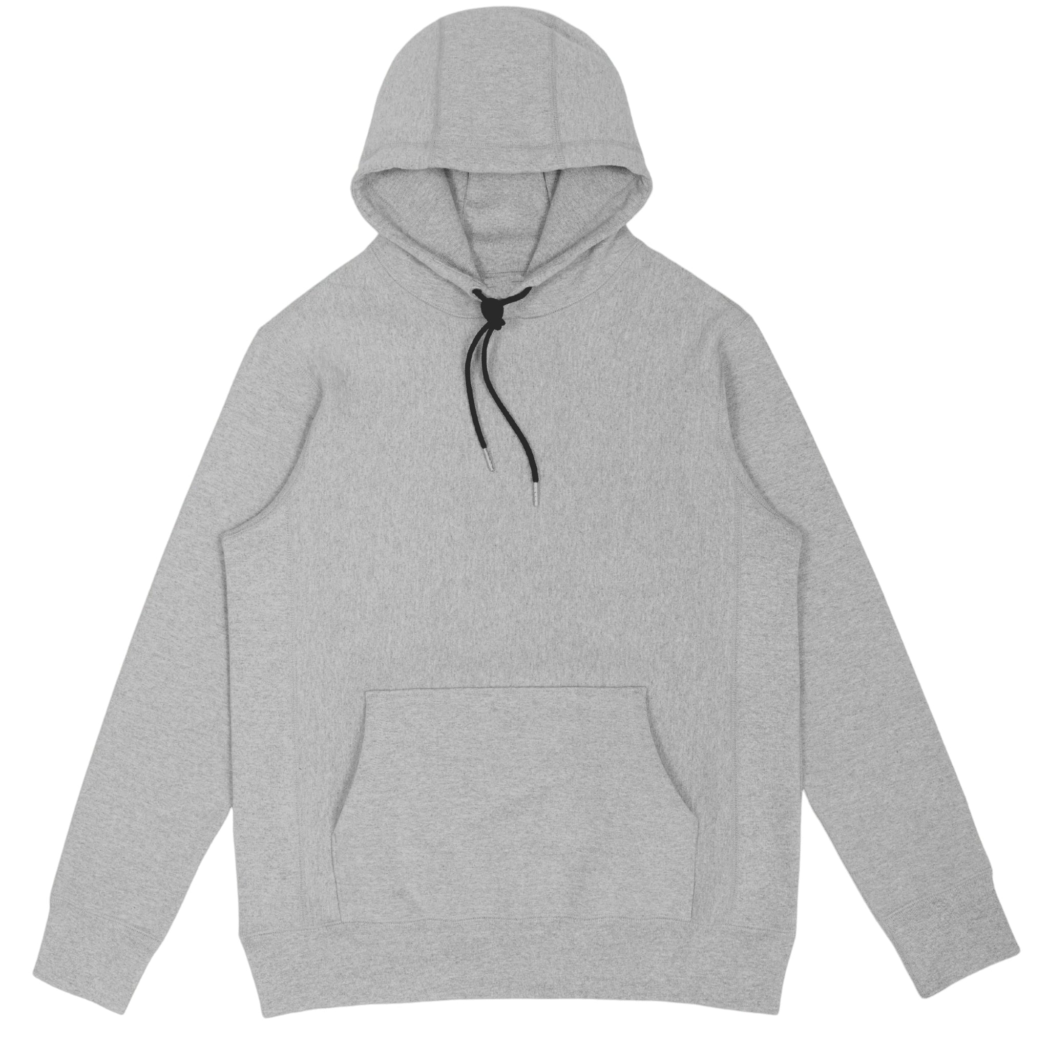 Heavyweight hoodie in grey cotton facing the camera on a white background.