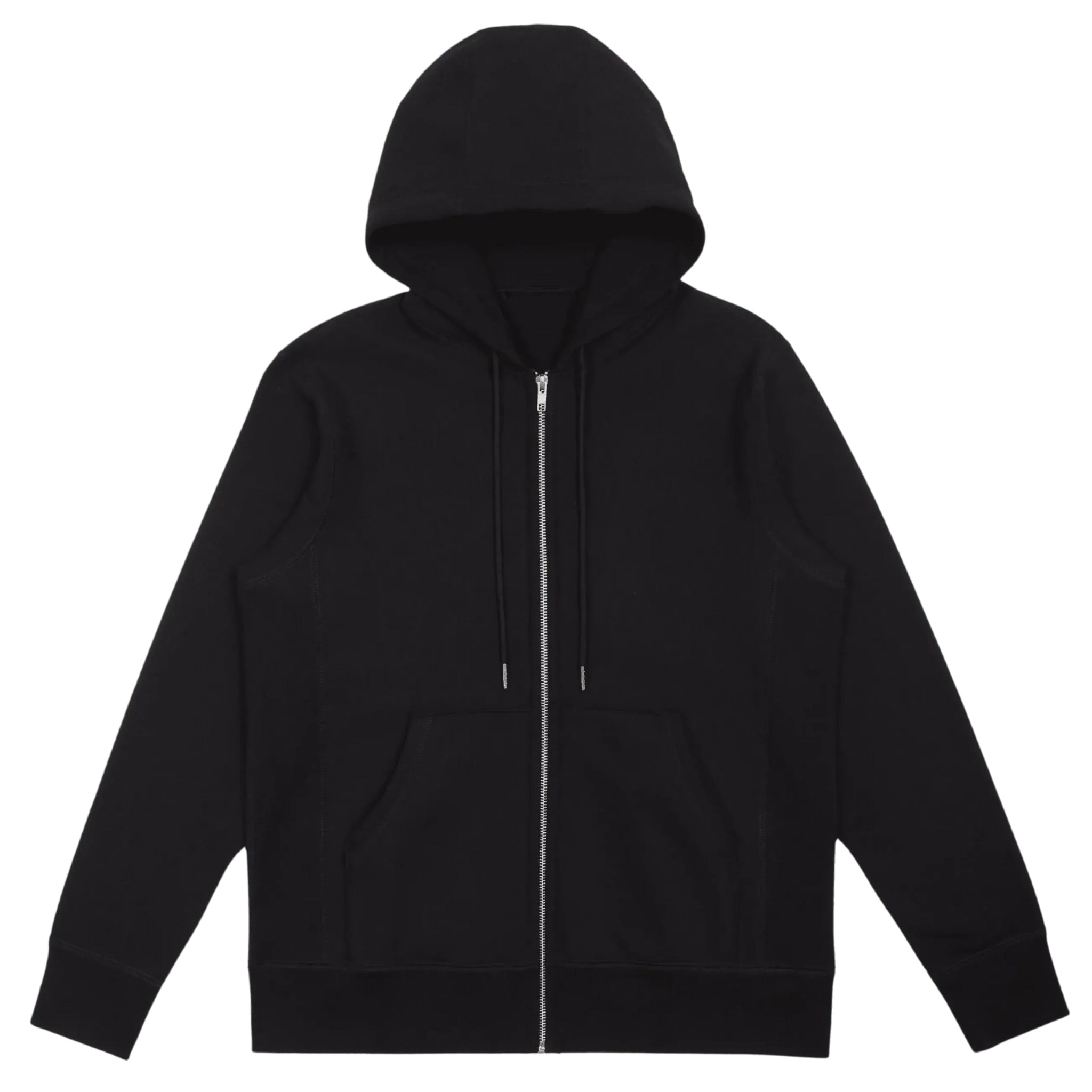 Front view of heavyweight zip hoodie in black cotton on a white background