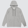 Front view of heavyweight zip hoodie in grey cotton on a white background