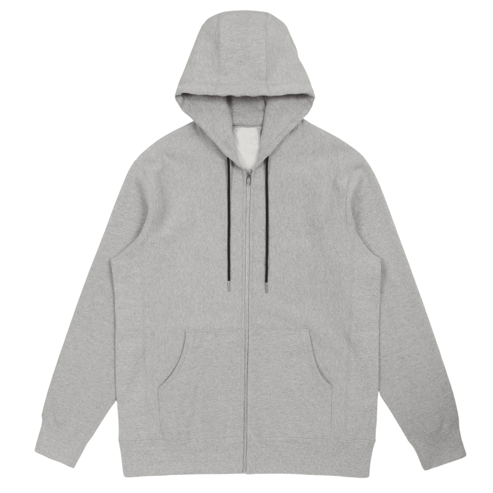Front view of heavyweight zip hoodie in grey cotton on a white background