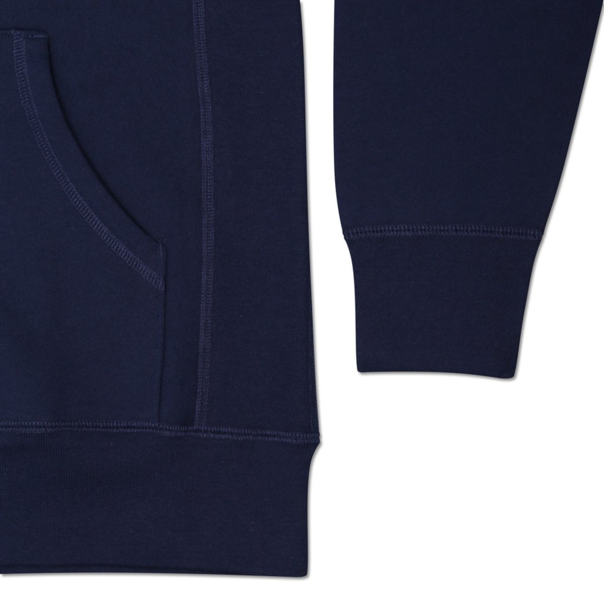 close up view of sleeve details on heavyweight zip hoodie in navy cotton on a white background