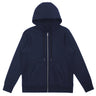 Front view of heavyweight zip hoodie in navy cotton against a white background