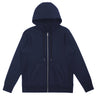 Front view of heavyweight zip hoodie in navy cotton against a white background