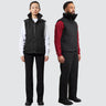 A male and a female model stand wearing the same unisex black vest
