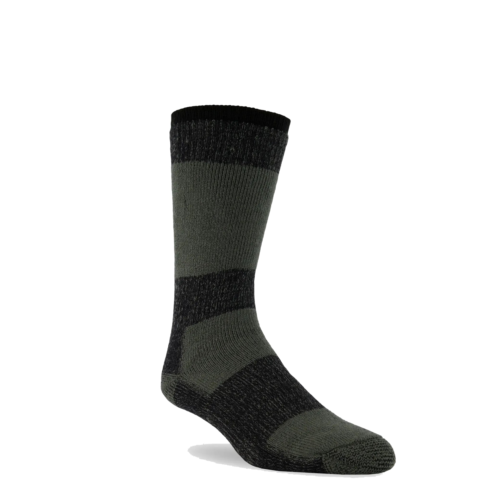 one green heavyweight sock standing on its own on a white background