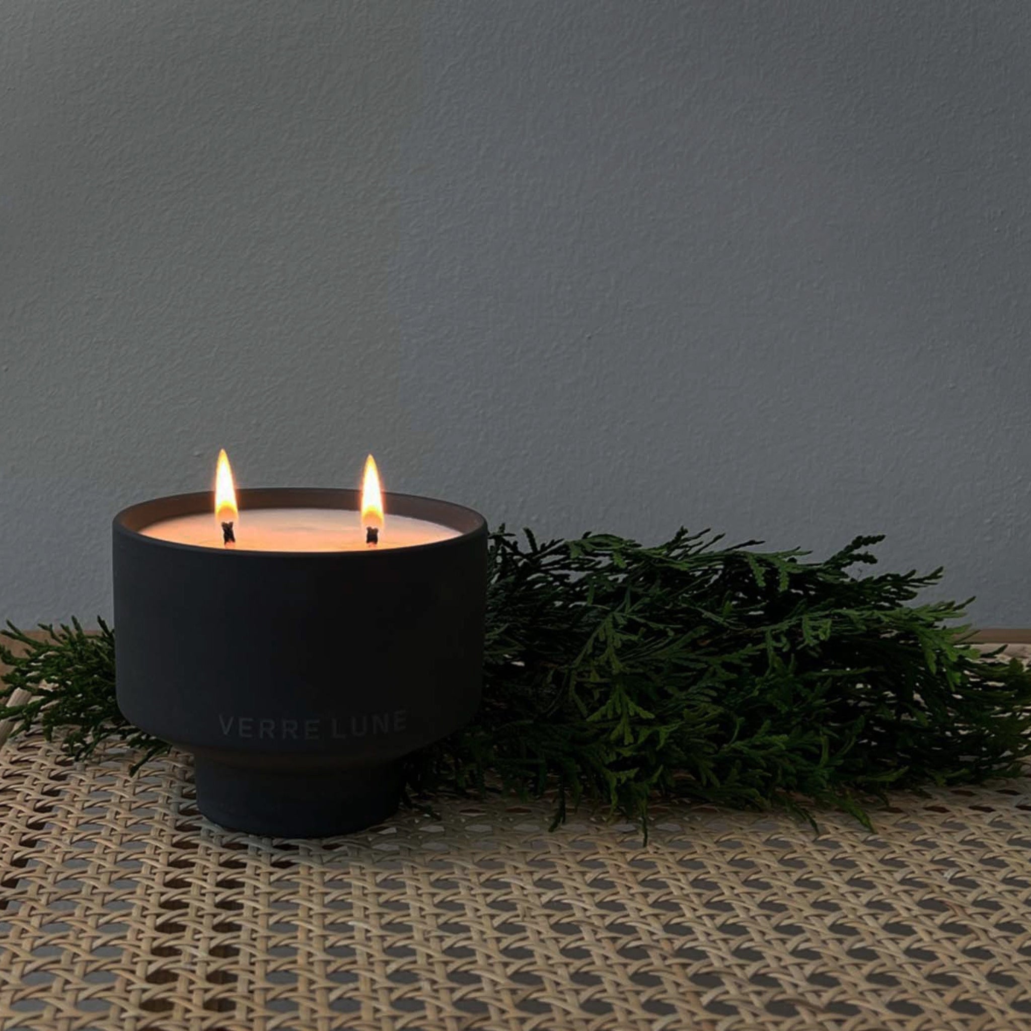 Lit Verre Lune off grid scented candle in a lounge calm setting