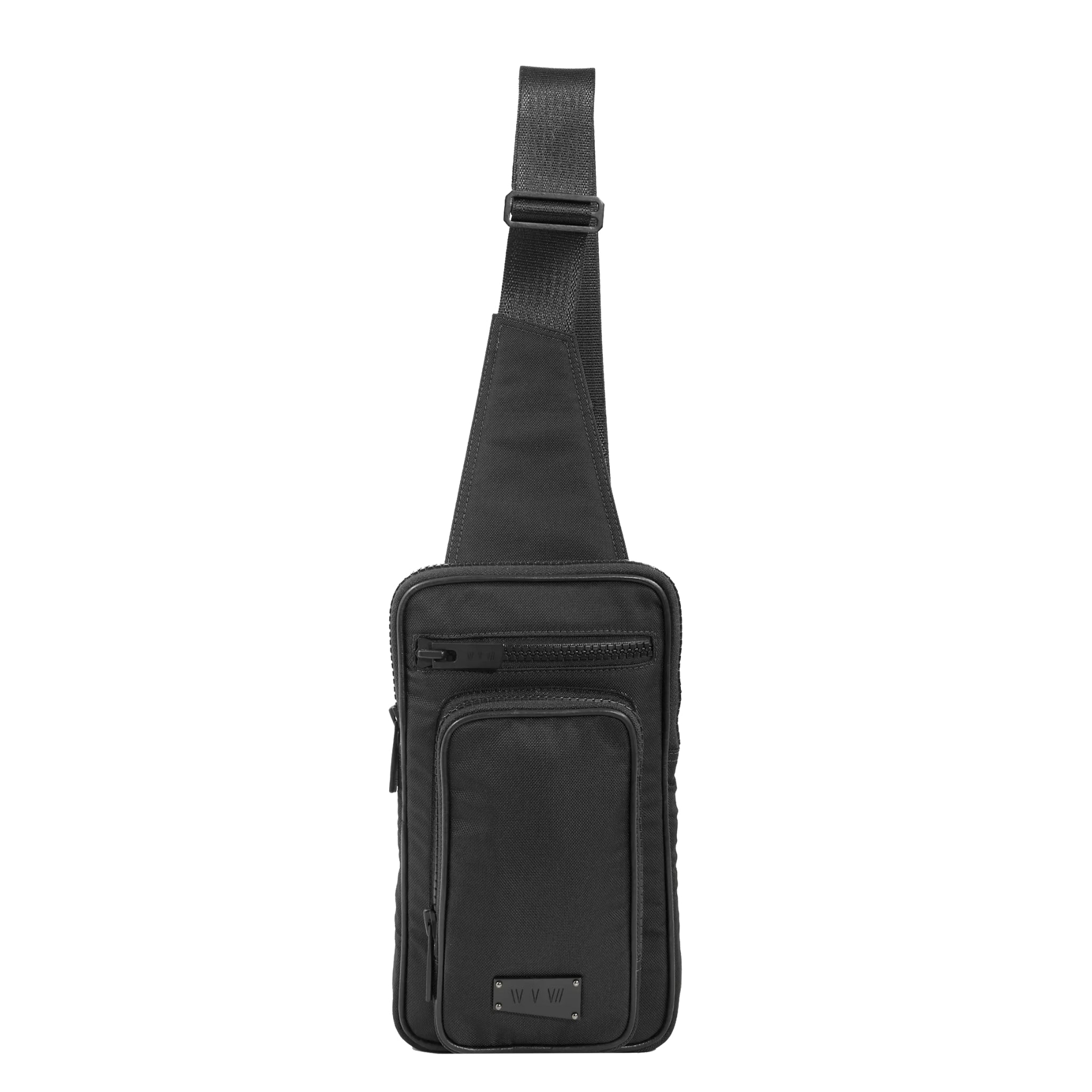 Face view of a utilitarian style sling in black upcycled nylon material on a white background.