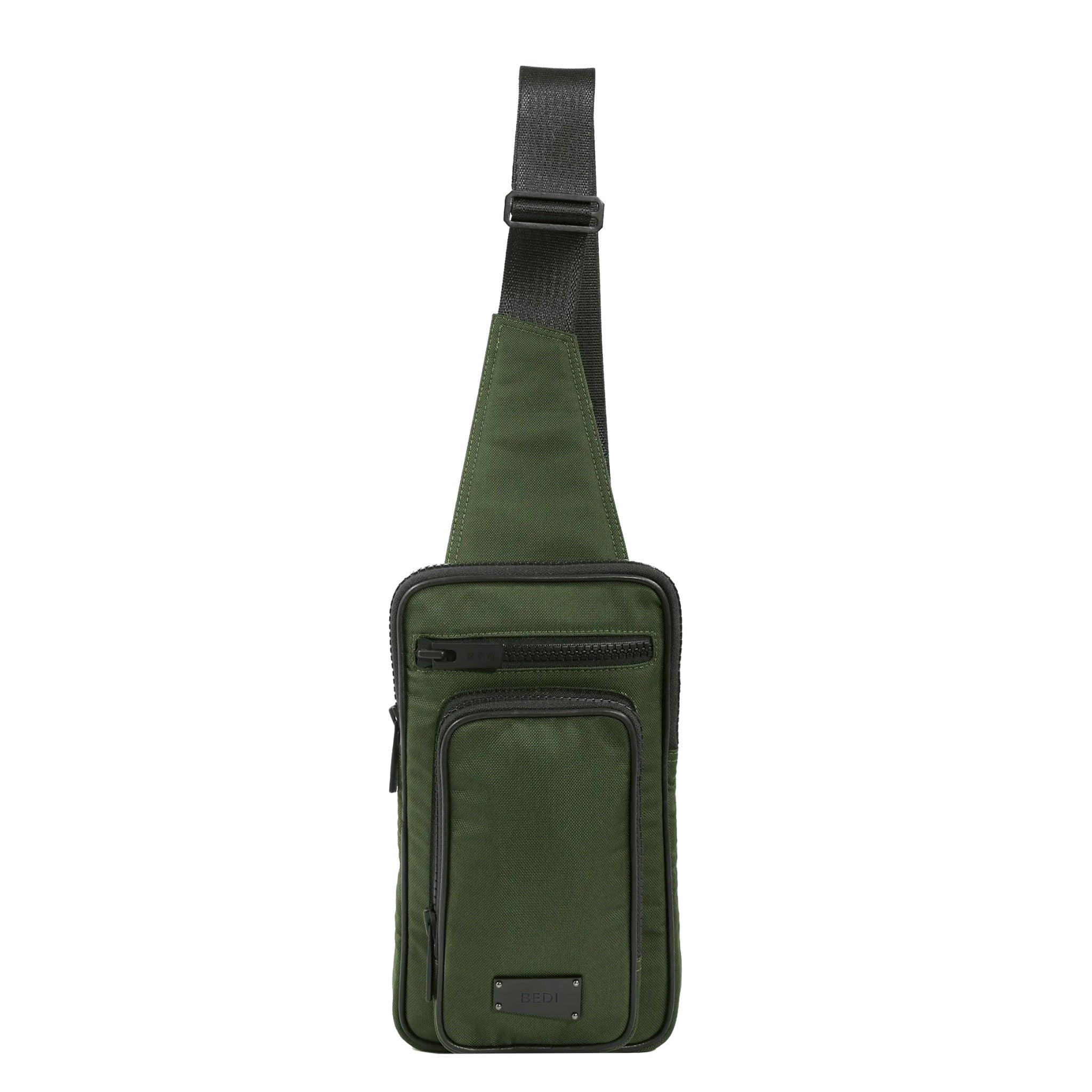 Front view of a utilitarian style sling in green upcycled nylon material on a white background
