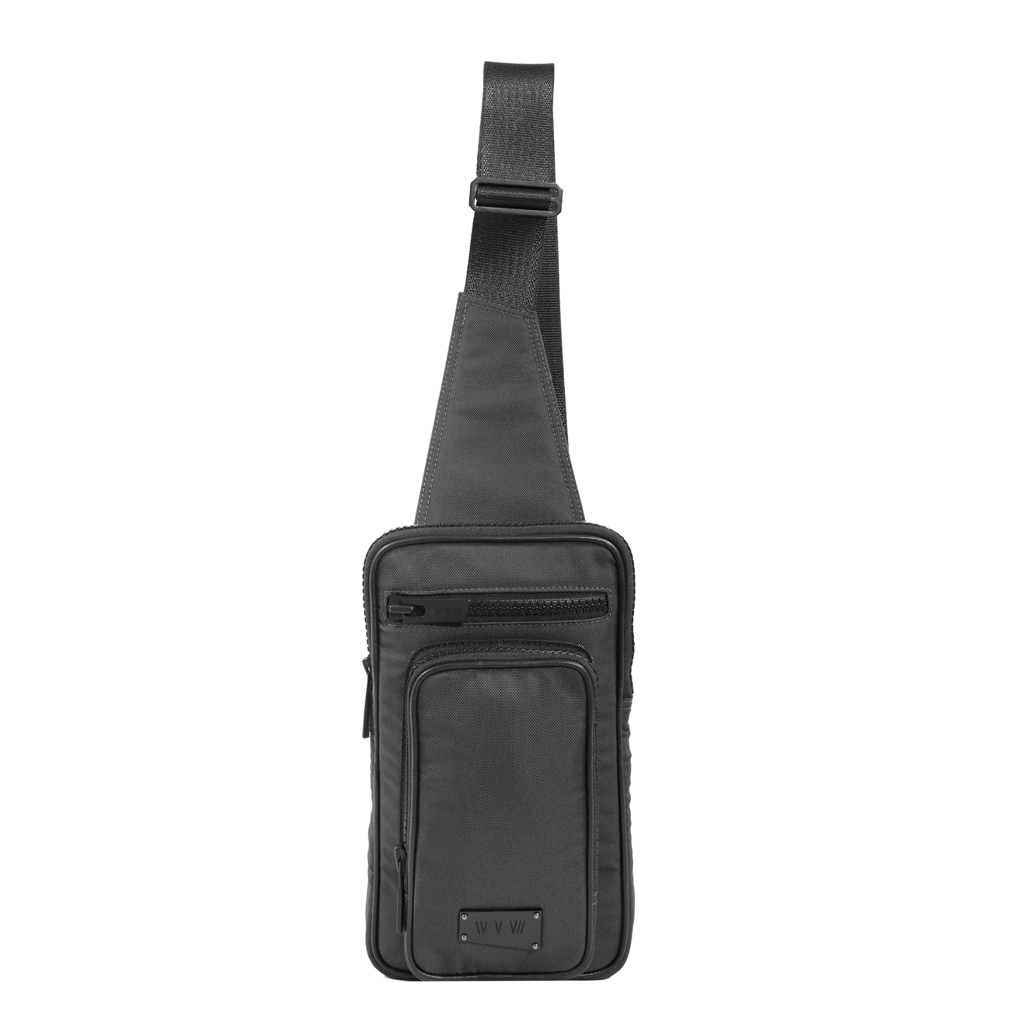 Face view of a utilitarian style sling in graphite upcycled nylon material on a white background.