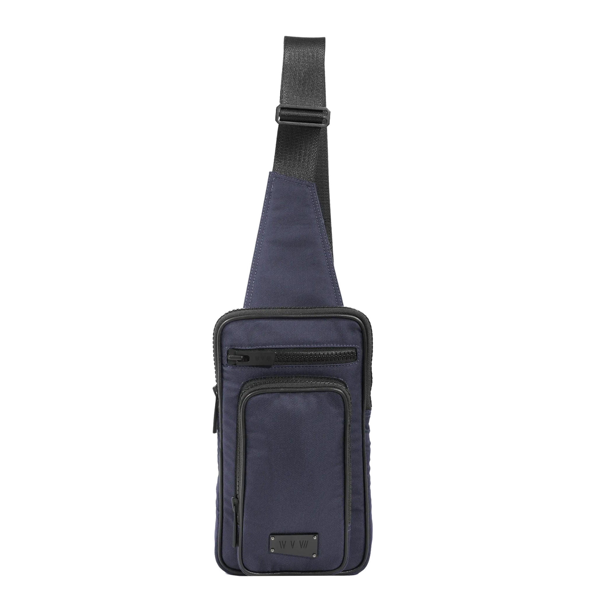 Face view of a utilitarian style sling in navy upcycled nylon material on a white background.