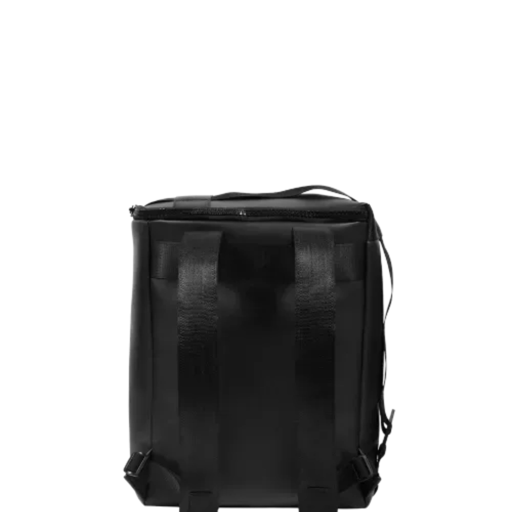 the back of an Interesting rectangular shaped backpack in black vegan leather material (Desserto) on a white background.