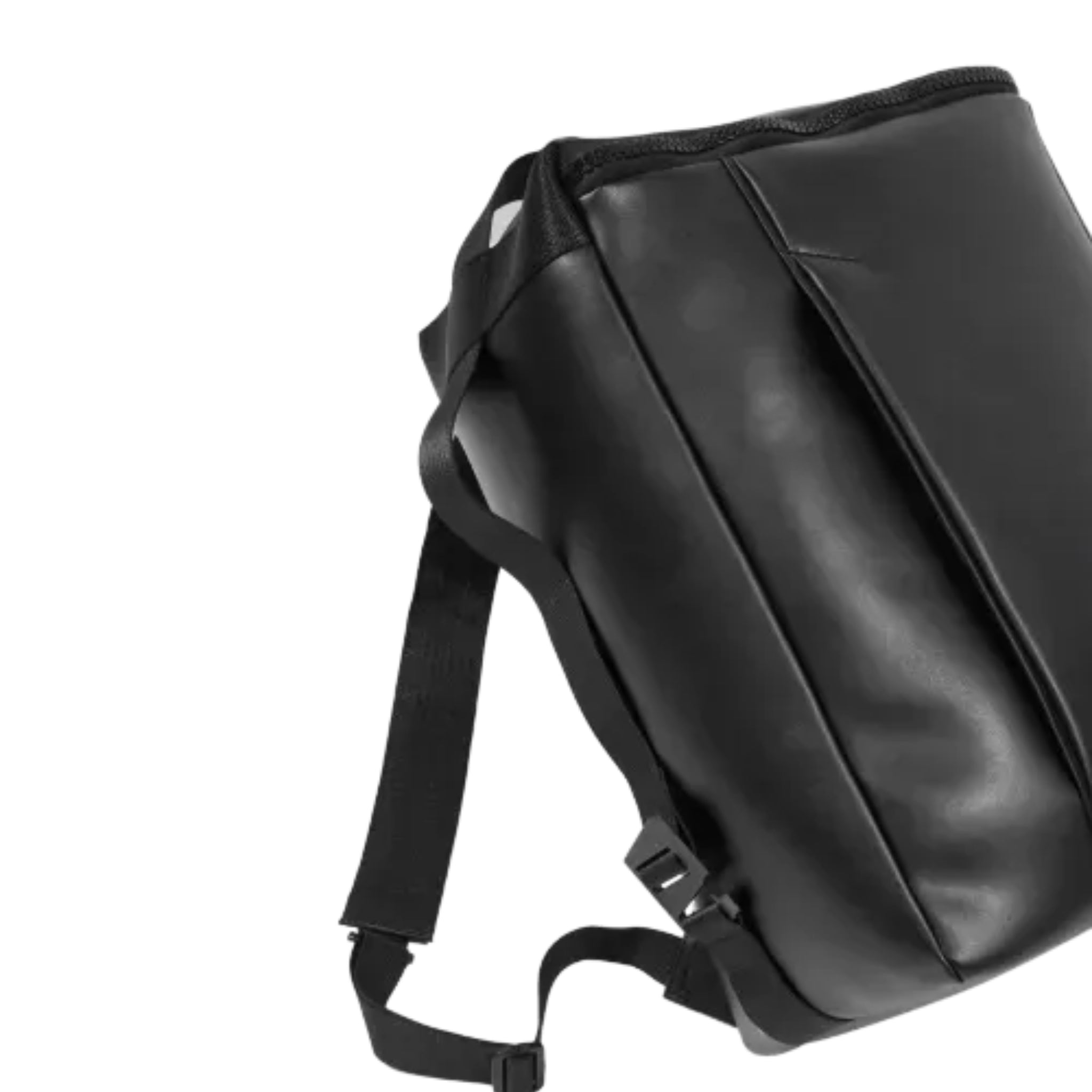Details of an Interesting rectangular shaped backpack in black vegan leather material (Desserto) on a white background.