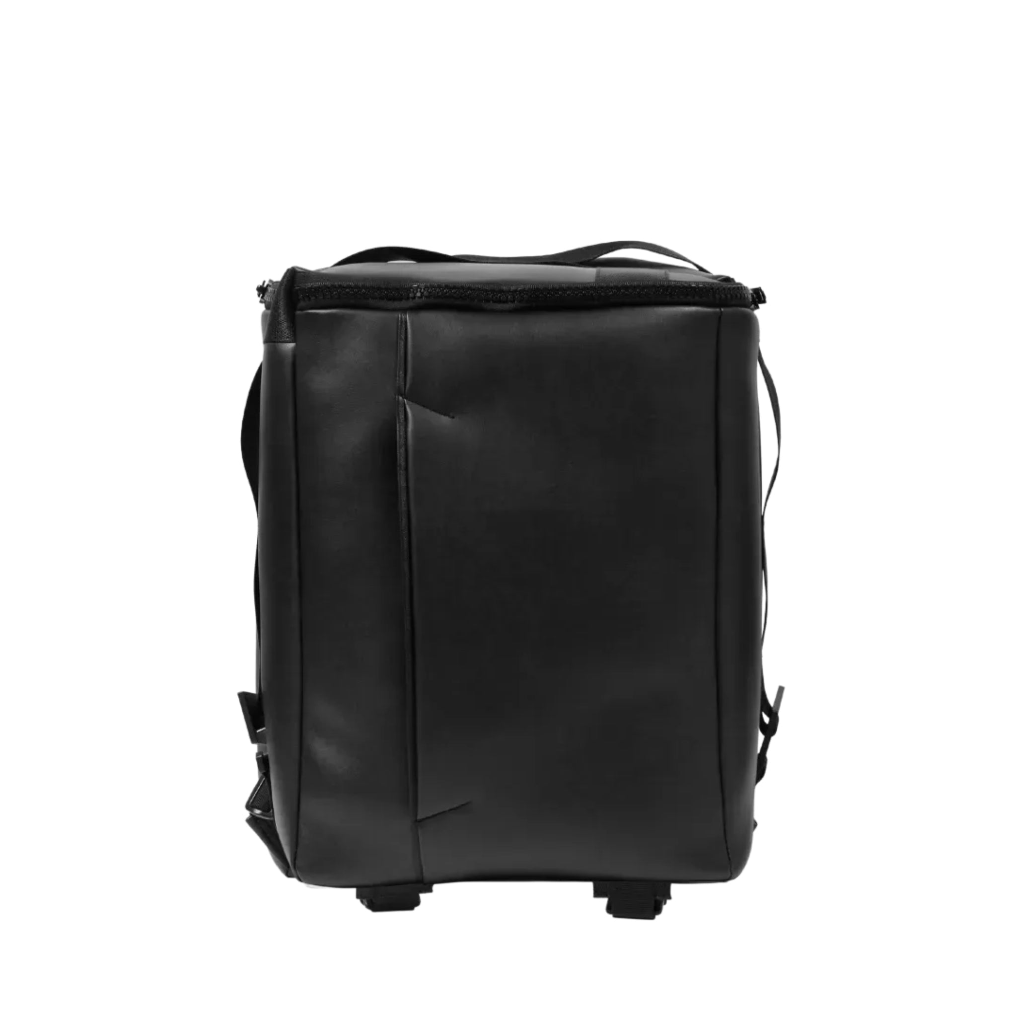 the front of an Interesting rectangular shaped backpack in black vegan leather material (Desserto) on a white background.