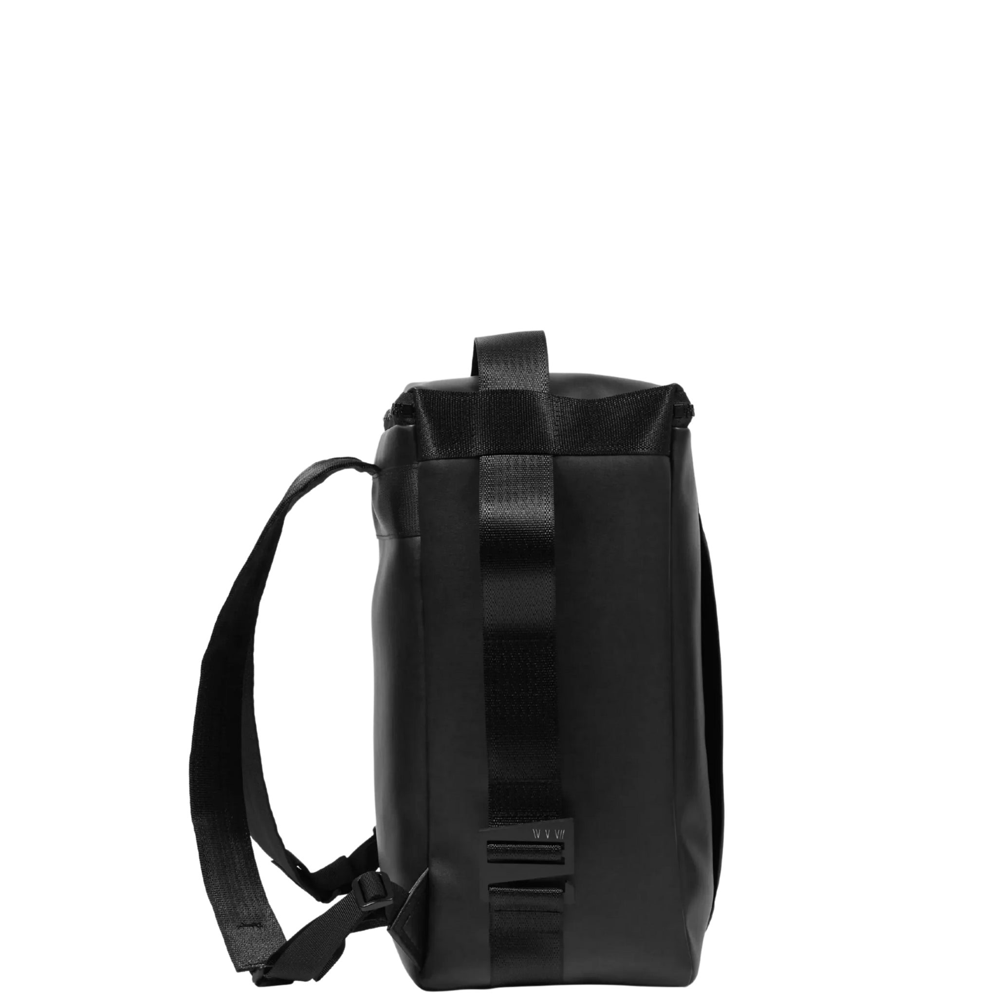 the side of an Interesting rectangular shaped backpack in black vegan leather material (Desserto) on a white background.