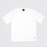 White t-shirt with a small black label on a light gray background