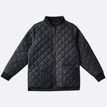 A black diamond-quilted zip-up jacket with a stand collar, ribbed cuffs, and two front patch pockets, shown flat on a light gray background.