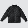 A black diamond-quilted zip-up jacket with a stand collar, ribbed cuffs, and front patch pockets, shown flat on a light gray background.
