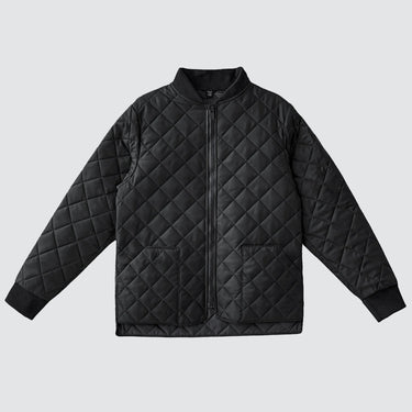 A black diamond-quilted zip-up jacket with a stand collar, ribbed cuffs, and front patch pockets, shown flat on a light gray background.