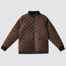 A quilted bomber jacket in burgundy with black ribbed trim on the collar, cuffs, and hem, featuring a front zipper and two front patch pockets, shown against a light gray background.
