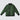 A dark green quilted jacket with black trim on the collar, cuffs, and hem, displayed flat against a light gray background.