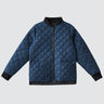 A navy blue quilted jacket with black trim on the collar, cuffs, and hem, displayed flat against a light gray background.