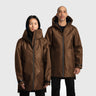 A male and a female model wearing brown raincoats on a white background