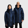 A male and a female model wearing navy blue raincoats on a white background