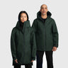 Two people wearing green raincoats on a white background