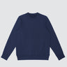 Front view of navy crewneck sweater made with 100% sustainable cotton