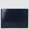 A front view of a navy wallet made with leather salvaged from airplane seats