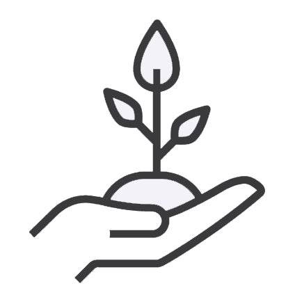 An icon of a hand holding a small bit of dirt, from which grows a plant 