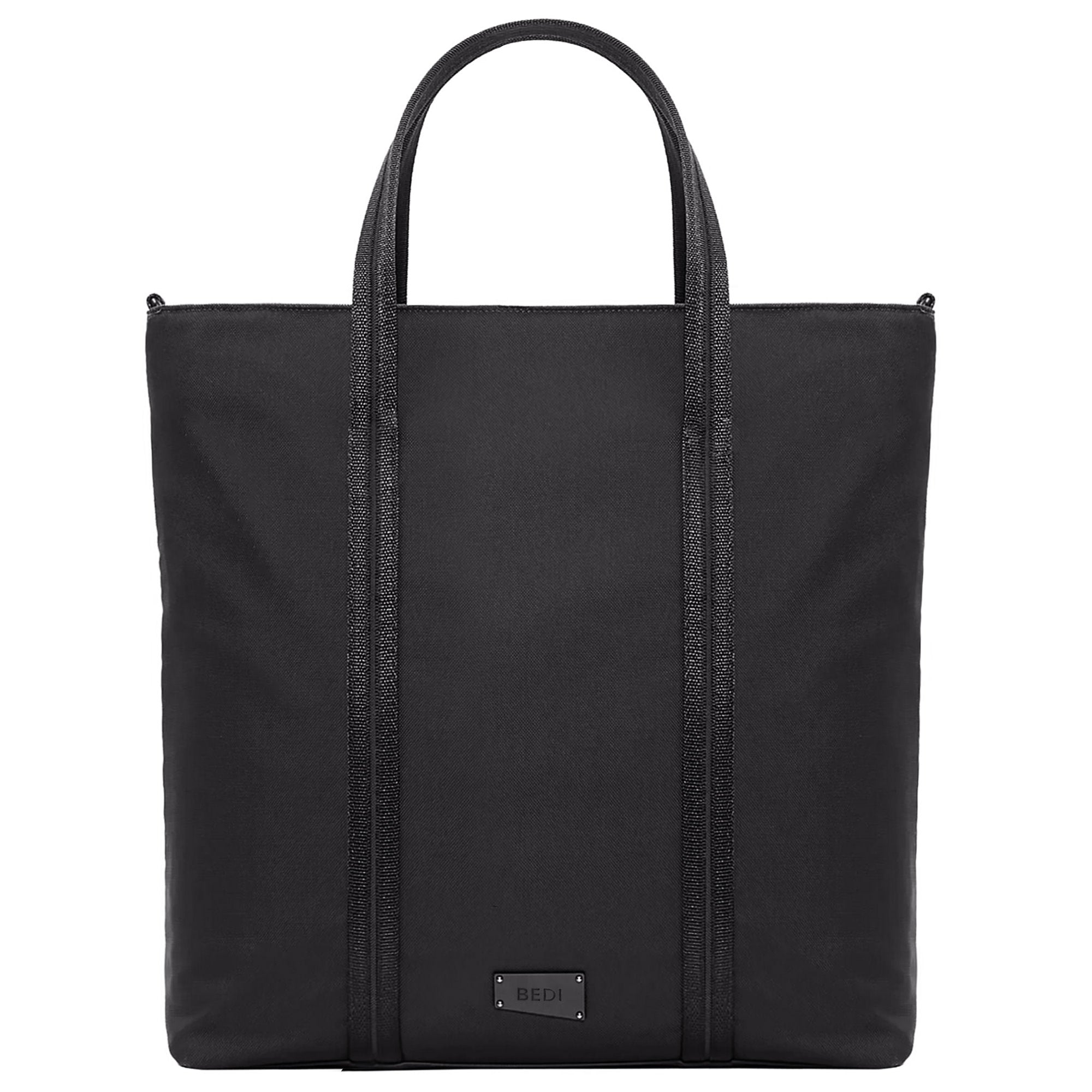 A large minimalist tote bag in black nylon material, with a black strap that runs the height of the bag