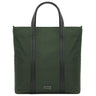 A large minimalist tote bag in green nylon material, with a black strap that runs the height of the bag