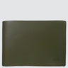 Front view of a simple green leather wallet