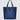Blue tote bag with black handles on a light gray background